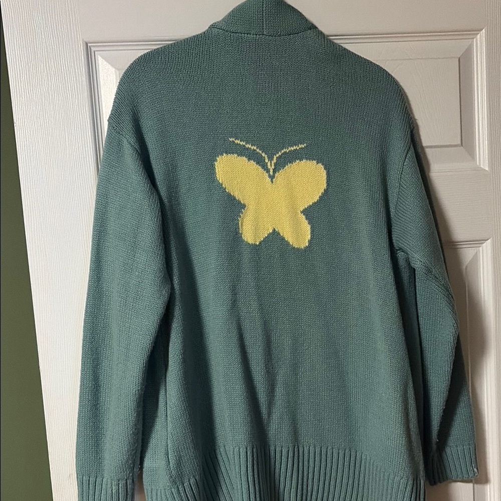 Candace Cameron Burr Women's Teal Sweater with Yellow Butterfly, size XS